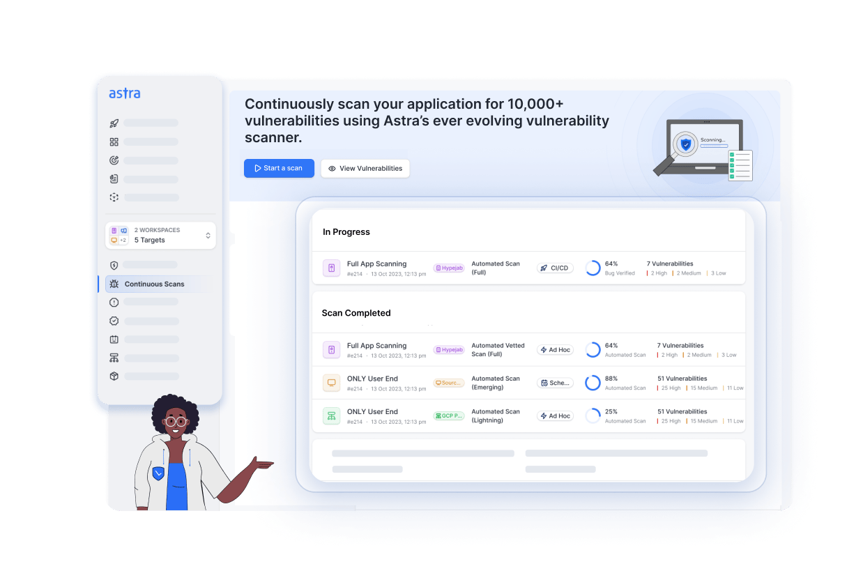 Astra's VAPT platform's dashboard